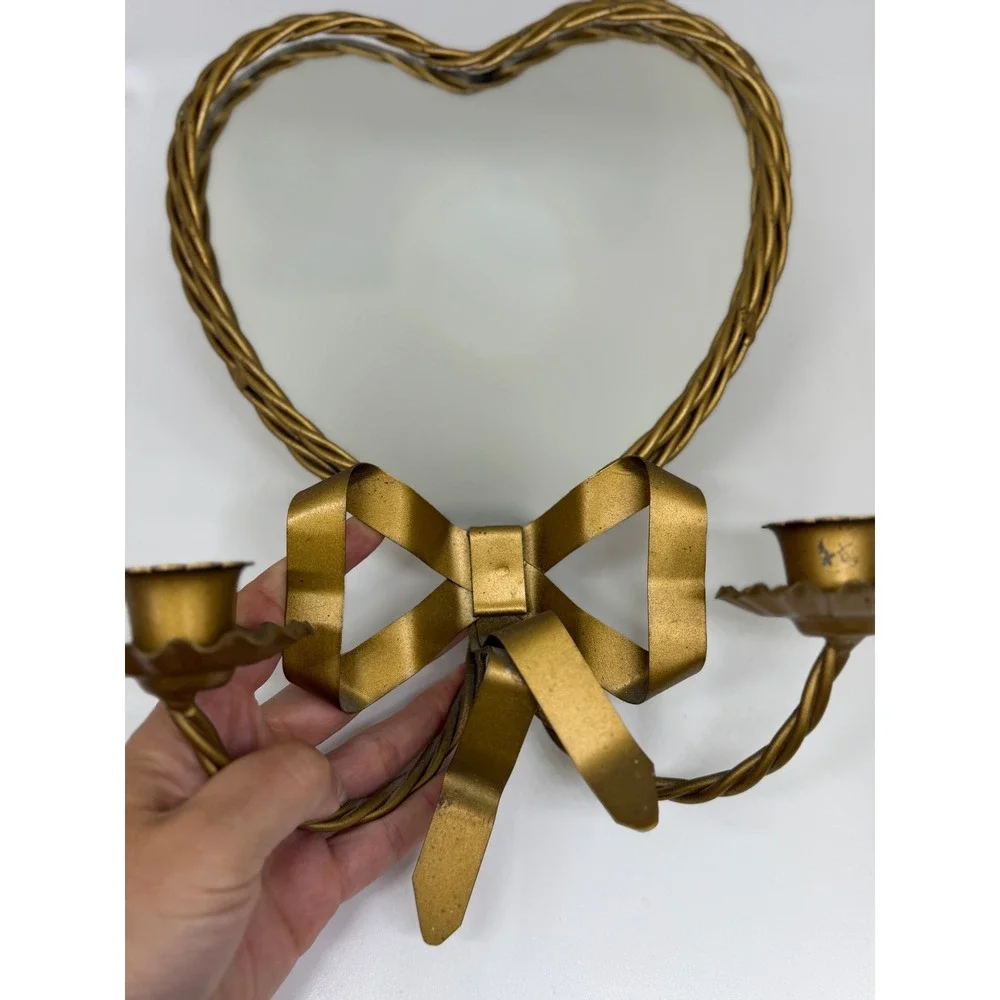 VTG Heart Mirror Candle‎ Sconce Gold Bow Ribbon Twisted Metal Hollywood Regency